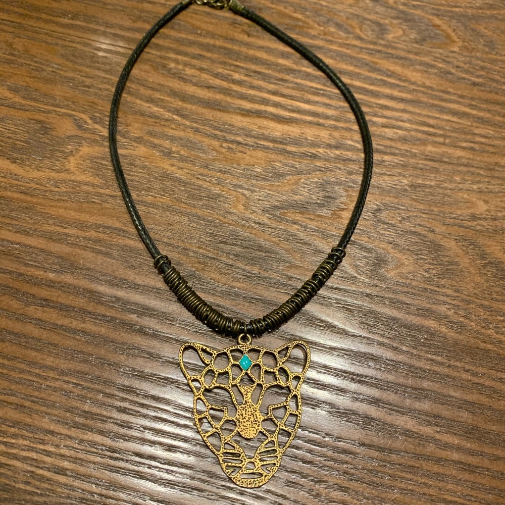 Mid Length Bronze Turquoise Leopard Necklace 16" ONE OF A KIND HANDMADE NWOT
